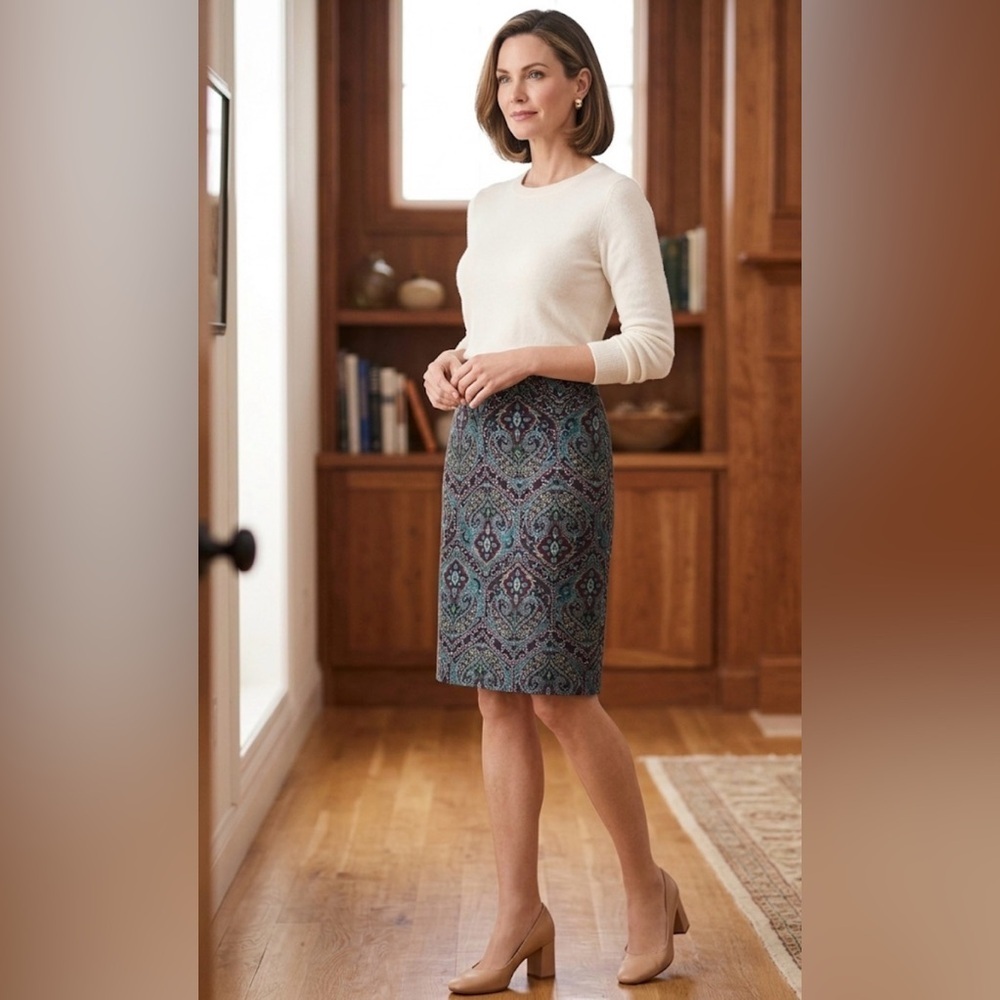 Talbots Vibrant Teal and Purple Patterned Pencil Skirt